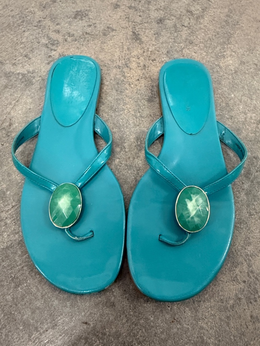 Ann Taylor Turquoise Toe-Loop Sandals with Green Gem Accent